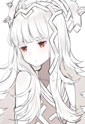 Rule 34 | 1girl, bad id, bad twitter id, closed mouth, crown, fire emblem, fire emblem heroes, greyscale, highres, long hair, monochrome, nintendo, red eyes, ringozaka mariko, simple background, solo, spot color, veronica (fire emblem), white background