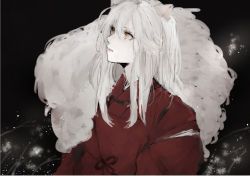 Rule 34 | 1boy, androgynous, animal ears, black background, c4991, closed mouth, dog ears, fur trim, grey theme, hair between eyes, inuyasha, inuyasha (character), japanese clothes, long hair, looking up, male focus, simple background, solo, upper body, white hair, yellow eyes