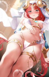Rule 34 | 1girl, aqua eyes, bare shoulders, blue bow, blurry, blurry background, blush, bow, breasts, brooch, detached sleeves, fantongjun, floating hair, from above, genshin impact, green eyes, harem outfit, highres, horns, jewelry, large breasts, long hair, long sleeves, looking at viewer, medium breasts, navel, neck ring, nilou (genshin impact), panties, parted bangs, parted lips, pelvic curtain, red hair, solo, sparkle, stomach, thighlet, thighs, twintails, underwear, veil, wavy mouth, white headwear, white panties, white sleeves