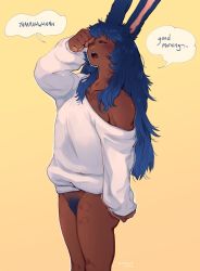 Rule 34 | 1girl, animal ears, baggy clothes, blue eyes, blue pubic hair, bottomless, bramblefix, collarbone, commentary, cowboy shot, dark-skinned female, dark skin, english commentary, english text, female pubic hair, hickey, highres, long hair, messy hair, off-shoulder sweater, off shoulder, open mouth, original, pubic hair, rabbit ears, sleepy, solo, standing, sweater, teeth, upper teeth only, waking up, white sweater, yawning, yellow background