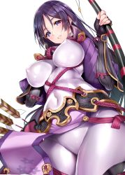 Rule 34 | 1girl, absurdres, arm guards, arrow (projectile), black gloves, blue gk, blush, bodysuit, bow (weapon), breasts, covered erect nipples, covered navel, fate/grand order, fate (series), fingerless gloves, gloves, hair between eyes, highres, hip focus, large breasts, long hair, looking at viewer, minamoto no raikou (fate), parted bangs, parted lips, pelvic curtain, puffy nipples, purple bodysuit, purple eyes, purple hair, quiver, ribbed sleeves, rope, simple background, skin tight, smile, solo, unfinished, very long hair, weapon, white background