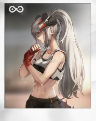 Rule 34 | 1girl, alternate costume, alternate hairstyle, arknights, bare arms, bare shoulders, breasts, chinese commentary, clenched hand, commentary request, crop top, fingerless gloves, gloves, hands up, highres, horns, long hair, medium breasts, midriff, navel, ponytail, red eyes, red gloves, rhine lab logo, saria (arknights), shibububu, sidelocks, silver hair, solo, sports bra, stomach, upper body, very long hair