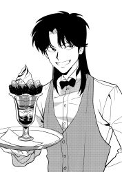 Rule 34 | 1boy, absurdres, bow, bowtie, buttons, commentary, employee uniform, food, fruit, greyscale, grin, highres, holding, holding tray, ichijou seiya, joukyou seikatsuroku ichijou, kaiji, long hair, long sleeves, looking at viewer, male focus, monochrome, parfait, parted bangs, simple background, smile, solo, strawberry, strawberry parfait, tray, uniform, upper body, vest, waiter, xt1125cj