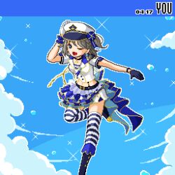 Rule 34 | 1girl, boots, brown hair, gloves, hat, love live!, love live! sunshine!!, midriff, noeejang, pixel art, ponytail, salute, short hair, side ponytail, skirt, socks, solo, thighhighs, thighs, watanabe you