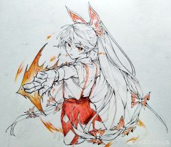 Rule 34 | 1girl, absurdres, bow, bright pupils, chinese commentary, commentary, cropped legs, expressionless, finger gun, fire, fujiwara no mokou, hair bow, highres, jisensen jidoushisen, long hair, looking at viewer, pants, parted lips, photo (medium), pointing, pointing at viewer, ponytail, pyrokinesis, red eyes, red pants, shirt, short sleeves, solo, touhou, traditional media, very long hair, weibo logo, weibo watermark, white bow, white hair, white pupils, white shirt
