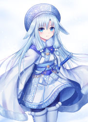 Rule 34 | 1girl, ainu clothes, animal ears, bad id, bad pixiv id, black pantyhose, blue eyes, blue hair, blue hat, cape, closed mouth, commentary request, fate/grand order, fate (series), fur-trimmed cape, fur trim, hair between eyes, hair ornament, hat, highres, illyasviel von einzbern, light smile, long hair, long sleeves, looking at viewer, pantyhose, pom pom (clothes), seungju lee, sidelocks, sitonai (fate), sitonai (third ascension) (fate), solo, standing, very long hair, white cape