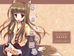 Rule 34 | 00s, 1girl, animal ears, basket, blush, brown hair, chimaro, cookie, cover, female focus, food, holo, long hair, mouth hold, red eyes, smile, solo, spice and wolf, tail, thumbprint cookie, wolf ears, wolf tail