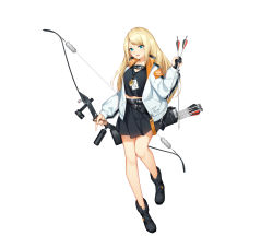 Rule 34 | 1girl, absurdres, archery, armor, arrow (projectile), blonde hair, blush, boots, bow (weapon), green eyes, highres, holding, holding arrow, holding bow (weapon), holding weapon, id card, jacket, long hair, original, skirt, solo, syaoranen, weapon