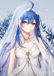 Rule 34 | 1girl, azur lane, banchiyuebai, bare shoulders, blue hair, blush, breasts, bridal veil, cleavage, commentary request, dress, elbow gloves, finger to mouth, floral background, gloves, gradient hair, hair between eyes, hand up, happy, helena (azur lane), helena (miracle in white) (azur lane), highres, long hair, looking at viewer, medium breasts, multicolored hair, official alternate costume, pink hair, purple eyes, purple hair, see-through, sleeveless, sleeveless dress, smile, solo, upper body, veil, very long hair, wedding, wedding dress, white dress, white gloves