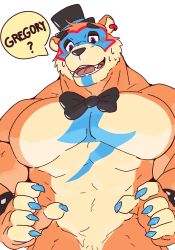 Rule 34 | 1boy, animal ears, bara, bear boy, bear ears, black bow, black bowtie, blush, bow, bowtie, bracelet, english text, fingernails, five nights at freddy&#039;s, five nights at freddy&#039;s: security breach, freddy fazbear, furry, furry male, glamrock freddy, hat, highres, istani, jewelry, large pectorals, looking at viewer, male focus, mini hat, muscular, muscular male, no nipples, pectorals, personification, purple eyes, raised eyebrows, sharp fingernails, solo, spiked bracelet, spikes, sweatdrop, thick eyebrows, top hat, upper body