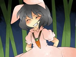 Rule 34 | 1girl, animal ears, bad id, bad pixiv id, bamboo, black hair, rabbit ears, carrot, carrot necklace, close-up, comic, dress, closed eyes, female focus, grin, hammer (sunset beach), inaba tewi, jewelry, necklace, pendant, short hair, silent comic, smile, smirk, solo, touhou
