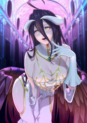 Rule 34 | 1girl, ahoge, albedo (overlord), bending, black hair, breasts, check commentary, cleavage, collar, commentary, commentary request, demon girl, demon horns, demon wings, detached collar, dress, feathered wings, gloves, gradient wings, hair between eyes, hip vent, horns, indoors, large breasts, long hair, looking at viewer, low wings, multicolored background, multicolored wings, open mouth, overlord (maruyama), photo-referenced, ryohhe, slit pupils, smile, solo, white collar, white dress, white gloves, white horns, wings, yellow eyes