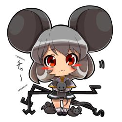 Rule 34 | 1girl, :3, animal ears, atyuto, bad id, bad pixiv id, blush, blush stickers, bobby socks, chibi, dowsing rod, female focus, full body, grey hair, holding, mouse (animal), mouse ears, mouse tail, nazrin, panties, socks, solo, tail, touhou, transparent background, underwear