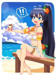 Rule 34 | !, !!, 1girl, :d, animal, animal on hand, antenna hair, arm at side, barefoot, beach, black hair, blue eyes, blush, blush stickers, breasts, cleavage, cloud, collarbone, commentary, dithering, earrings, fang, flower, frilled tube top, frills, ganaha hibiki, gradient sky, green skirt, hair between eyes, hair flower, hair ornament, halterneck, hamster, hamuzou, hands on ground, hibiscus, high ponytail, highres, holding, holding animal, horizon, hotshosho, idolmaster, idolmaster (classic), innertube, jewelry, knee up, long hair, looking at viewer, medium breasts, midriff, miniskirt, navel, necklace, ocean, open mouth, outdoors, outside border, outstretched arm, pixel art, pleated skirt, ponytail, porch, raised eyebrows, red flower, sand, sitting, skirt, sky, smile, solo, speech bubble, strapless, sunglasses, swim ring, thigh strap, toes, tube top, very long hair, water, white flower, white tube top, yellow flower