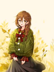 Rule 34 | 1girl, :d, bad id, bad pixiv id, black skirt, bow, braid, brown eyes, brown hair, earrings, ggomddak, glasses, green sweater, jewelry, looking at viewer, open mouth, original, outdoors, plaid, plaid bow, plant, pom pom (clothes), red bow, skirt, smile, standing, sweater