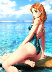 Rule 34 | 1girl, annette fantine dominic, esther shen, fire emblem, fire emblem: three houses, looking at viewer, nintendo, orange hair, outdoors, solo, swimsuit, tagme, water