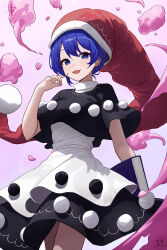 Rule 34 | 1girl, :3, :d, absurdres, black capelet, black dress, blob, blue eyes, blue hair, book, capelet, commentary request, doremy sweet, dream soul, dress, hat, highres, holding, holding book, looking at viewer, maizumi, nightcap, open mouth, pom pom (clothes), red hat, short hair, smile, solo, standing, touhou, white dress