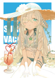 1girl absurdres alternate_costume anemone_(princess_connect!) bikini braid braided_hair_rings breasts crazy_straw drink drinking_straw flower flower_over_eye green_bikini green_eyes hair_rings hat hat_flower hat_ribbon heart_straw highres jewelry long_hair navel necklace princess_connect! ribbon see-through_clothes see-through_shirt shirt side-tie_bikini_bottom sitting solo star_(symbol) star_necklace straw_hat swimsuit thorns tyaui_(xjju4435) very_long_hair white_hair