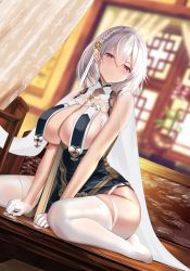 Rule 34 | 1girl, absurdres, azur lane, bad id, bad twitter id, bare shoulders, blurry, blurry background, braid, breasts, closed mouth, covered erect nipples, crown braid, curtains, dress, gloves, hair ornament, highres, indoors, jinpaitugounan, large breasts, looking at viewer, official alternate costume, on table, red eyes, sirius (azur lane), sirius (azure horizons) (azur lane), sleeveless, solo, table, thighhighs, white gloves, white hair, white thighhighs, window
