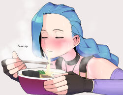 Rule 34 | 1girl, armpit crease, bare shoulders, black choker, black gloves, blue hair, blush, bowl, choker, chopsticks, closed mouth, collarbone, eating, closed eyes, fingerless gloves, fingernails, food, food in mouth, gloves, grey background, holding, holding bowl, holding chopsticks, jewelry, jinx (league of legends), league of legends, long hair, necklace, noodles, ohasi, ramen, simple background, solo, steam, sweat, upper body