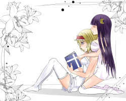 Rule 34 | 2girls, alice margatroid, aoshima, bare back, bare shoulders, between breasts, blonde hair, book, breasts, choker, couple, crescent, crescent hair ornament, female focus, flower, hair ornament, hairband, highres, hug, large breasts, long hair, multiple girls, patchouli knowledge, purple hair, short hair, simple background, sitting, thighhighs, touhou, white thighhighs, yuri, zettai ryouiki