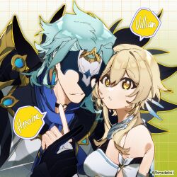 Rule 34 | 1boy, 1girl, black choker, black gloves, blonde hair, blue shirt, choker, coat, detached sleeves, dottore (genshin impact), dress, english text, engrish text, genshin impact, gloves, gradient background, grid background, hair intakes, highres, kradebii, long sleeves, looking at viewer, lumine (genshin impact), mask, open mouth, parted lips, pointing, pointing at another, ranguage, scarf, shirt, sidelocks, vambraces, white coat, white dress, white scarf, yellow eyes