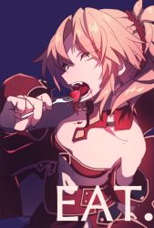 Rule 34 | 1girl, blonde hair, braid, breasts, chariki, fate/apocrypha, fate/grand order, fate (series), food, fruit, green eyes, hair ornament, hair scrunchie, looking at viewer, mordred (fate), mordred (fate/apocrypha), navel, open mouth, ponytail, red scrunchie, scrunchie, short hair, small breasts, solo, strawberry