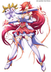 Rule 34 | 1girl, absurdres, alternate costume, alternate hairstyle, boots, breasts, cleavage, detached sleeves, dress, dual wielding, familiar, full body, green eyes, gun, hair ornament, hair over one eye, handgun, high heel boots, high heels, highres, holding, league of legends, legs apart, long hair, magical girl, miss fortune (league of legends), one eye covered, pistol, red hair, scar, short dress, simple background, solo, standing, star (symbol), star guardian (league of legends), star guardian miss fortune, thigh boots, thighhighs, torahime (artist), very long hair, weapon, white background, white thighhighs