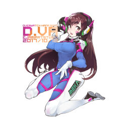 Rule 34 | 1girl, bodysuit, breasts, brown eyes, brown hair, d.va (overwatch), ejami, facial mark, gloves, graphite (medium), headphones, long hair, looking at viewer, open mouth, overwatch, overwatch 1, pilot suit, simple background, skin tight, smile, solo, traditional media, whisker markings, white background, white gloves