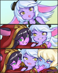 Rule 34 | 3girls, 3koma, animal ears, blonde hair, blue skin, blush, colored skin, comic, drooling, fang, finger in another&#039;s mouth, girl sandwich, goggles, goggles on head, green eyes, half-closed eyes, hat, highres, hug, league of legends, looking at viewer, lulu (league of legends), mayhem art, multiple girls, open mouth, pink eyes, poppy (league of legends), purple hair, purple skin, sandwiched, slit pupils, smile, teeth, tongue, tristana, white hair, witch hat, yellow eyes, yordle