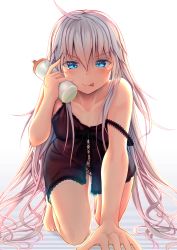 Rule 34 | 1girl, absurdres, barefoot, black panties, blue eyes, blush, closed mouth, collarbone, hair between eyes, hibiki (kancolle), highres, holding, isurugi gen, kantai collection, lingerie, long hair, looking at viewer, naughty face, panties, silver hair, smile, solo, tongue, tongue out, underwear, v-shaped eyebrows