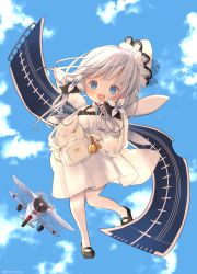 Rule 34 | 1girl, aged down, aircraft, airplane, azur lane, bag, bell, black footwear, blue eyes, blue sky, blush, choker, cloud, dress, full body, hair ornament, hat, highres, illustrious (azur lane), little illustrious (azur lane), long hair, looking at viewer, low twintails, open mouth, pantyhose, see-through, see-through sleeves, shoes, sky, smile, twintails, umika35, white dress, white hair, white headwear, white pantyhose
