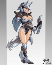 Rule 34 | 1girl, absurdres, aggron, armor, artist name, black leotard, blue eyes, breasts, brown footwear, cleavage, closed mouth, commentary, creatures (company), eyelashes, full body, game freak, gen 3 pokemon, grey background, grey hair, helmet, highres, holding, holding sword, holding weapon, leotard, long hair, nintendo, orlek, personification, pokemon, shoes, shoulder armor, solo, standing, sword, thighs, weapon