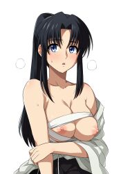 Rule 34 | 1girl, accidental exposure, areola slip, armpit crease, artstyle immitation, bare shoulders, black hair, blush, breasts, breasts out, cleavage, collarbone, haruhisky, heavy breathing, highres, japanese clothes, kamiya kaoru, kimono, large breasts, long hair, looking at viewer, nipple slip, nipples, parted bangs, parted lips, ponytail, rurouni kenshin, sidelocks, simple background, solo, sweat, white background, white kimono