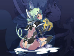 Rule 34 | 1girl, :q, akaga hirotaka, animal ears, armor, ass, ass cutout, back, black thighhighs, bodysuit, butt crack, cheese, clothing cutout, crossed legs, dimples of venus, eating, food, from behind, garter straps, green hair, head tilt, huge ass, kemonomimi mode, looking back, mouse ears, mouse tail, no panties, red eyes, revealing clothes, see-through, see-through bodysuit, shiny clothes, sitting, solo, tail, thighhighs, tongue, tongue out, wallpaper, wavy hair, zettai ryouiki, zoom layer