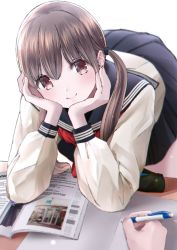 Rule 34 | 1girl, bad id, bad pixiv id, black skirt, blush, book, brown eyes, brown hair, chikuwa (odennabe), closed mouth, hands on own cheeks, hands on own face, head rest, holding, holding pencil, leaning forward, long hair, long sleeves, looking at viewer, low twintails, neckerchief, notebook, open book, original, out of frame, pencil, pleated skirt, red neckerchief, school uniform, serafuku, skirt, smile, solo focus, twintails, uniform