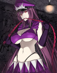 Rule 34 | 1girl, breasts, cleavage cutout, closed mouth, clothing cutout, cosplay, cowboy shot, dominatrix, covered erect nipples, fate/grand order, fate (series), gloves, hair intakes, hat, highleg, highleg panties, large breasts, long hair, looking at viewer, medb (fate), medb (fate) (cosplay), medb (fate), midriff, navel, pale skin, panties, peaked cap, purple gloves, purple hair, purple skirt, red eyes, scathach (fate), scathach (fate), skirt, smile, solo, stomach, takara joney, underboob, underwear, very long hair, whip