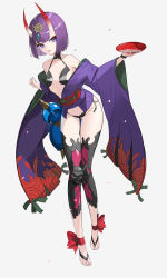 Rule 34 | 1girl, absurdres, alcohol, bare shoulders, bob cut, breasts, collarbone, cup, eyeliner, fate/grand order, fate (series), full body, gourd, headpiece, highres, horns, japanese clothes, kimono, long sleeves, looking at viewer, makeup, obi, off shoulder, oni, open mouth, purple eyes, purple hair, purple kimono, revealing clothes, rikui (rella2930), sakazuki, sake, sash, short hair, shuten douji (fate), skin-covered horns, small breasts, solo, wide sleeves