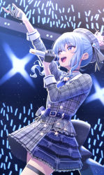 Rule 34 | 1girl, arm up, belt, beret, black choker, black gloves, blue eyes, blue hair, choker, commentary request, cowboy shot, crown, deadnooodles, dress, gloves, hair between eyes, hand up, hat, highres, holding, holding microphone, hololive, hoshimachi suisei, hoshimachi suisei (1st costume), microphone, music, open mouth, partially fingerless gloves, plaid, plaid dress, short dress, short hair, short hair with long locks, sidelocks, singing, solo, teeth, thigh strap, upper teeth only, virtual youtuber