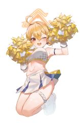 Rule 34 | 1girl, ahoge, blonde hair, blue archive, blush, braid, breasts, cheerleader, folded, halo, highres, kotori (blue archive), kotori (cheer squad) (blue archive), large breasts, looking at viewer, may.l, midair, midriff, millennium cheerleader outfit (blue archive), navel, one eye closed, open mouth, pom pom (cheerleading), red eyes, shoes, short hair, skindentation, skirt, smile, sneakers, sweat, thigh strap