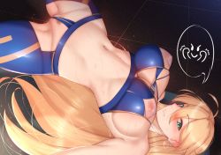 Rule 34 | 1girl, ahoge, armpits, artoria pendragon (fate), artoria pendragon (lancer) (fate), blonde hair, blush, breasts, cleavage, fate (series), female pubic hair, genkung, green eyes, hair between eyes, hair down, highres, large breasts, long hair, looking at viewer, partially visible vulva, pubic hair, solo, spread legs, sweat, toned