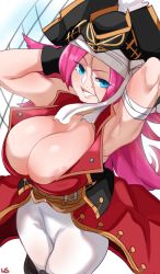 Rule 34 | 10s, 1girl, areola slip, armpits, arms up, bandages, blue eyes, breasts, cleavage, fate/extra, fate/grand order, fate (series), francis drake (fate), grin, hat, highres, hip focus, huge breasts, lightsource, long hair, looking at viewer, pink hair, pirate hat, raised eyebrow, scar, signature, smile, solo, thighs