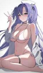 Rule 34 | 1girl, bikini, black choker, blue archive, blue eyes, breasts, choker, closed mouth, halo, hand up, highres, large breasts, long hair, navel, nenight, off shoulder, purple hair, shirt, sitting, smile, solo, stomach, strap gap, swimsuit, thigh strap, thighs, two side up, v, very long hair, wariza, white bikini, white shirt, yuuka (blue archive)