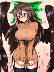 Rule 34 | 1girl, artist request, blush, bouncing breasts, bow, breasts, brown hair, garter straps, hair bow, large breasts, long hair, looking at viewer, red eyes, reiuji utsuho, ribbed sweater, solo, sweater, thighhighs, touhou, v arms, wings