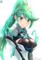 Rule 34 | 1girl, armor, artist logo, artist name, bad id, bad pixiv id, blush, breasts, chinchongcha, female focus, gloves, green eyes, green hair, hair ornament, headpiece, highres, large breasts, lens flare, long hair, looking at viewer, matching hair/eyes, nintendo, pneuma (xenoblade), ponytail, shoulder armor, simple background, smile, solo, spoilers, tiara, white background, xenoblade chronicles (series), xenoblade chronicles 2