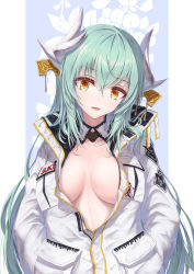 Rule 34 | 1girl, :d, alternate costume, aqua hair, bae.c, blue background, breasts, breasts apart, collarbone, detached collar, dragon horns, fate/grand order, fate (series), hair ornament, hands in pockets, head tilt, highres, horns, jacket, kiyohime (fate), large breasts, long hair, long sleeves, looking at viewer, no bra, open mouth, smile, solo, standing, two-tone background, upper body, very long hair, white background, white jacket, yellow eyes