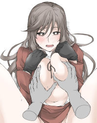 Rule 34 | 1boy, 1girl, grabbing another&#039;s breast, breasts, breasts out, brown eyes, elf (stroll in the woods), girls und panzer, grabbing, grey hair, highres, large breasts, looking at viewer, no bra, shimada chiyo
