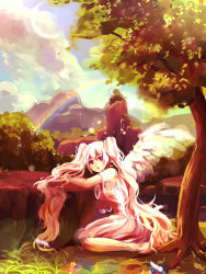 Rule 34 | 1girl, alternate color, bad id, bad pixiv id, barefoot, breasts, cloud, dress, female focus, full body, hatsune miku, long hair, nature, nishikawa (fe), outdoors, rainbow, red eyes, sitting, sky, solo, tree, twintails, very long hair, vocaloid, white hair, wings