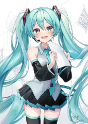 Rule 34 | 1girl, absurdres, aqua eyes, aqua hair, aqua nails, aqua necktie, bare shoulders, black skirt, black sleeves, black thighhighs, commentary, cowboy shot, dated, detached sleeves, flying paper, grey shirt, hair ornament, hatsune miku, headphones, headset, highres, holding, holding paper, light blush, long hair, looking at viewer, miniskirt, musical note, nail polish, necktie, noneon319, open mouth, paper, pleated skirt, sheet music, shirt, signature, skirt, sleeveless, sleeveless shirt, smile, solo, standing, thighhighs, twintails, very long hair, vocaloid, zettai ryouiki