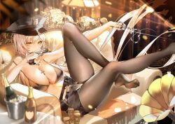 Rule 34 | 1girl, azur lane, bare shoulders, bikini, bikini top only, black hat, black pantyhose, black shorts, blurry, bottle, bra, breasts, coin, covered mouth, cross, cross necklace, cuffs, depth of field, feet, floating hair, foot out of frame, foot up, gloves, gold coin, gun, handcuffs, handgun, hat, highres, holding, holding gun, holding handcuffs, holding weapon, ice, indoors, jewelry, kirov (azur lane), lamp, large breasts, leg up, legs, long hair, looking at viewer, necklace, pantyhose, peaked cap, phonograph, police hat, reclining, see-through, see-through legwear, short shorts, shorts, sideboob, sidelocks, sitting, solo, swimsuit, thighs, underwear, very long hair, weapon, white gloves, xiongshouji, yellow eyes, zipper, zipper pull tab